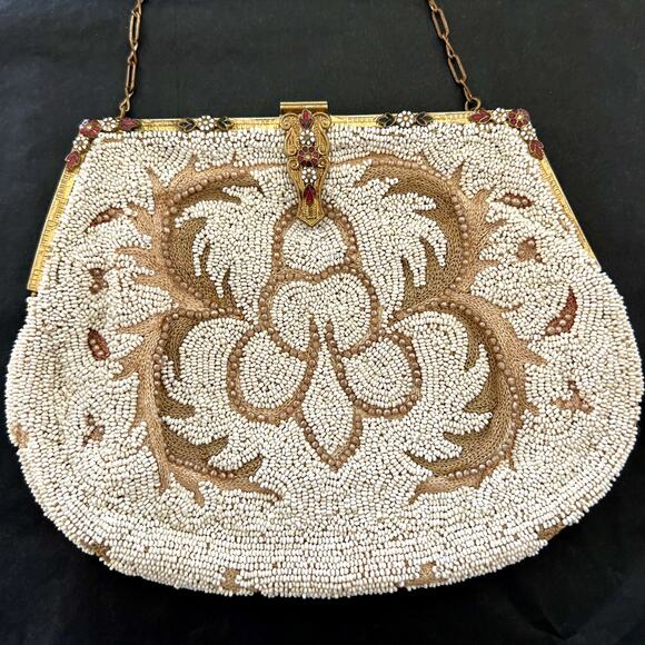 Vintage 1940s 1950s Beaded Evening Purse Gold Frame Chain Handle Bridal Bag - Picture 1 of 16